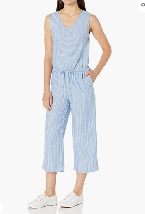 Amazon Essentials Pants - Amazon Essentials Blue and White Sleeveless Linen Blend Crop Jumpsuit Size 0